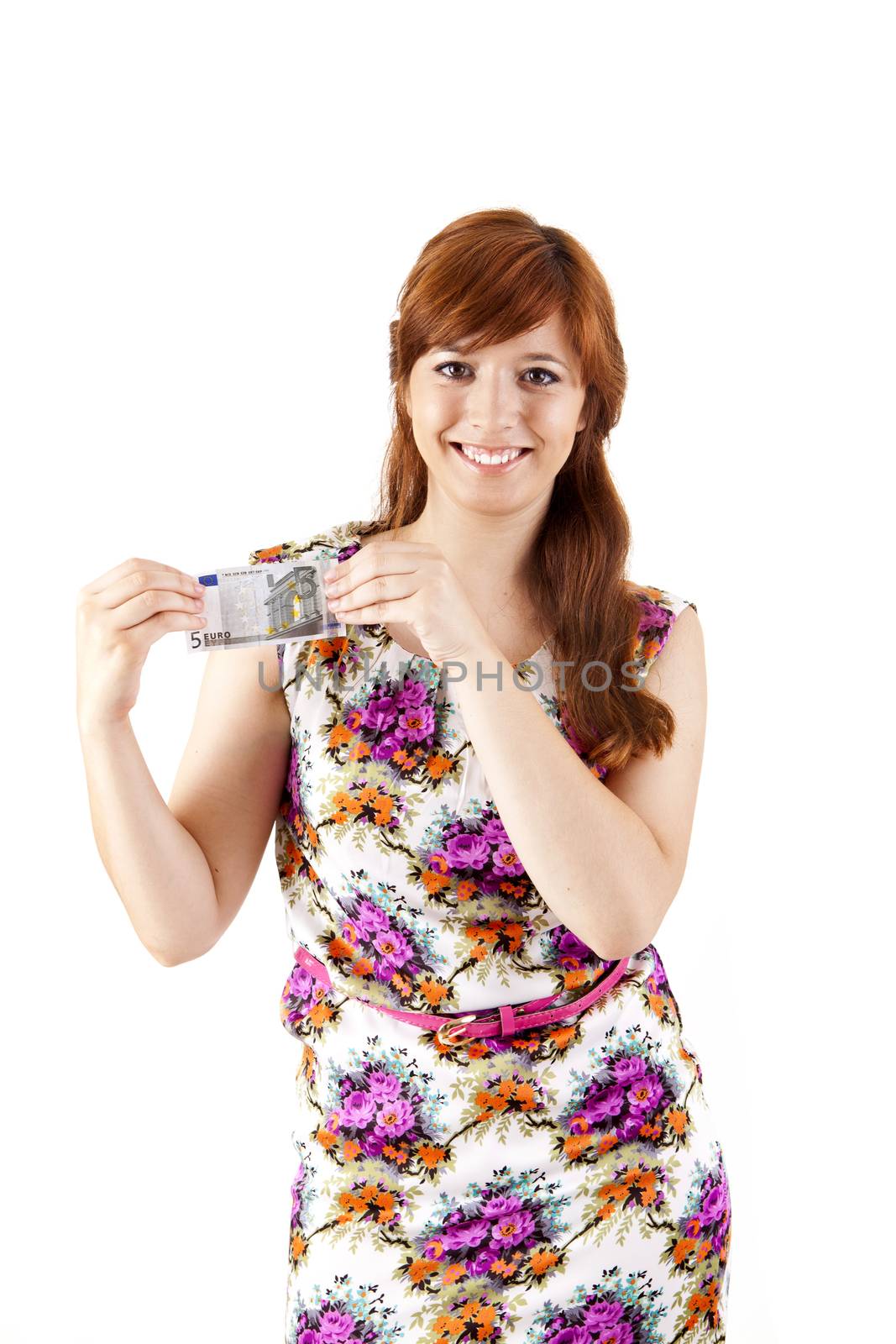 Happy woman showing Euros currency notes on white background