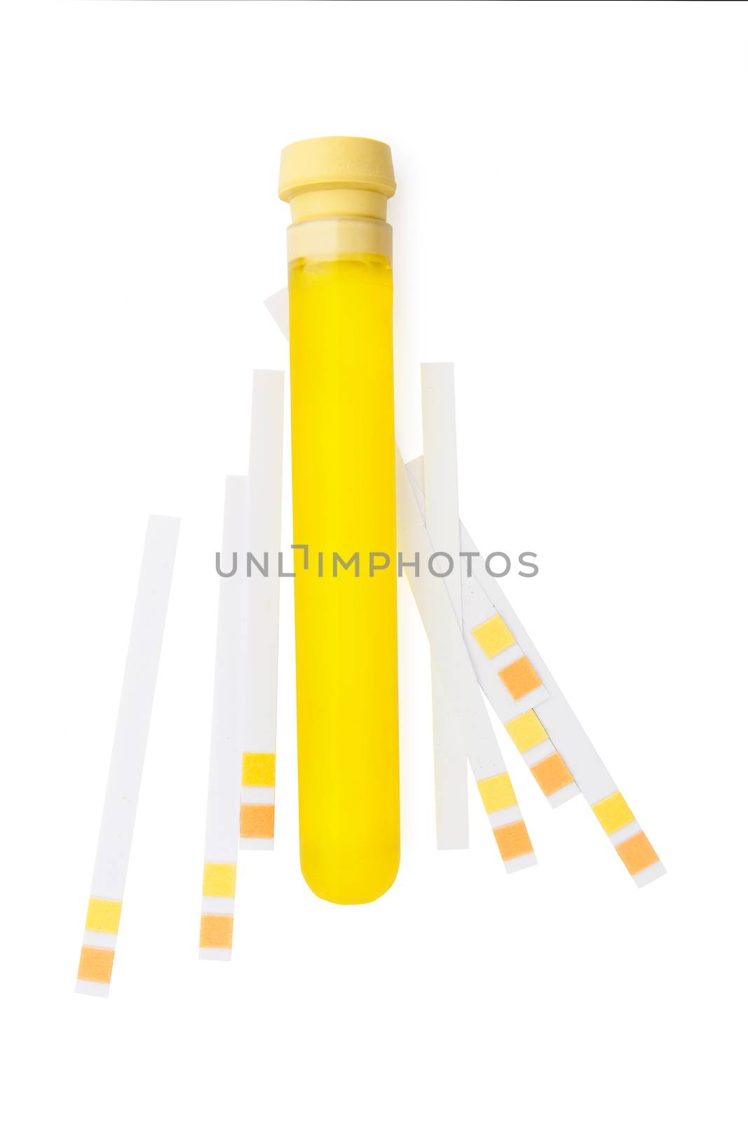 pH litmus test strip and urine in test tube isolated on white background.
