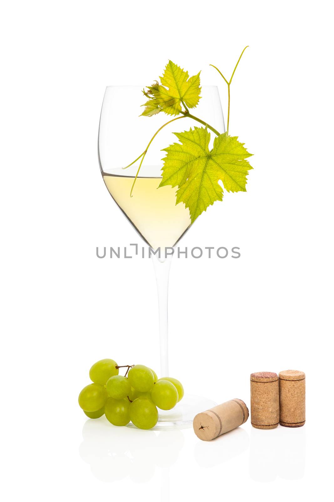 White wine in wine glass with vine leaves, green grapes and wine corks isolated on white background. Luxurious culinary wine still life.