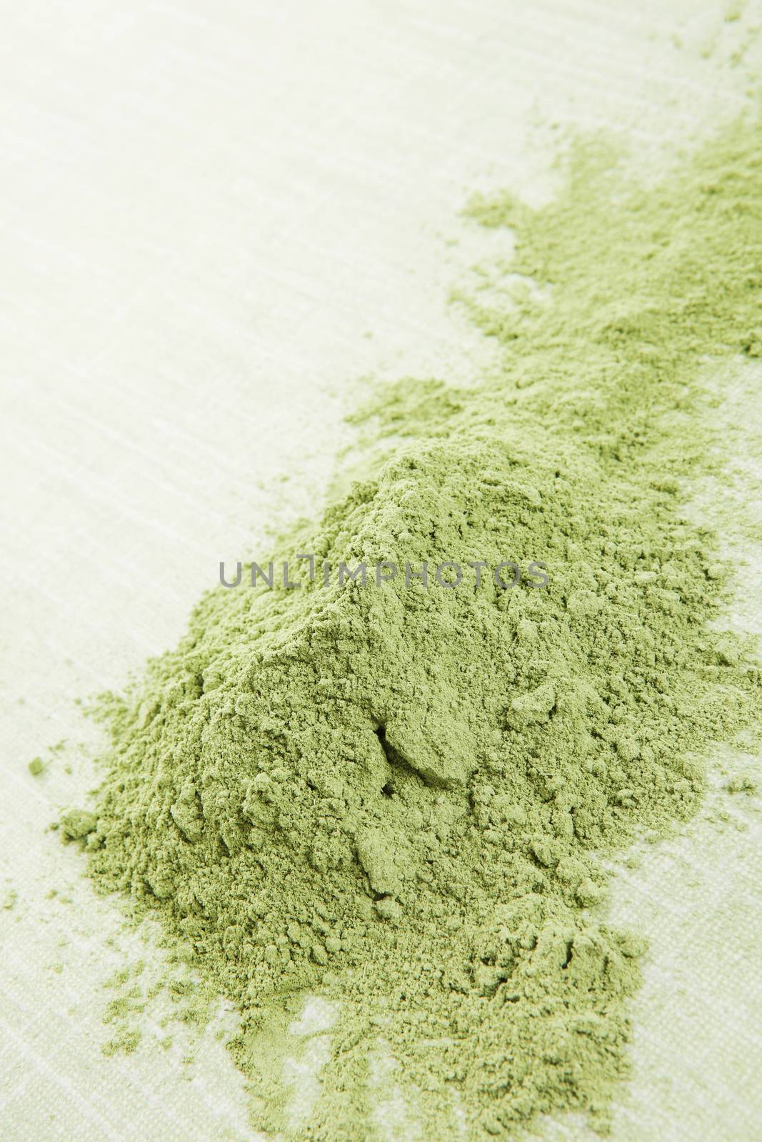 Green wheatgrass powder isolated on green background. Healthy green superfood. Alternative medicine.