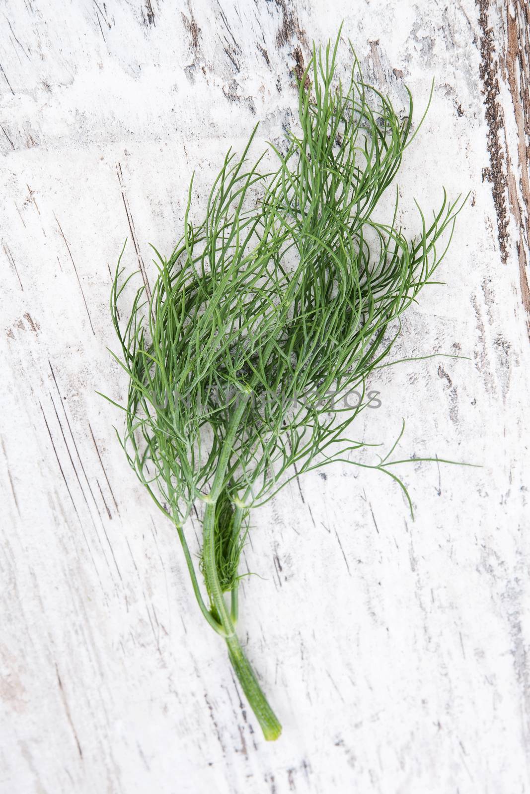 Culinary fresh dill on white wooden background, top view. Culinary aromatic kitchen herbs.