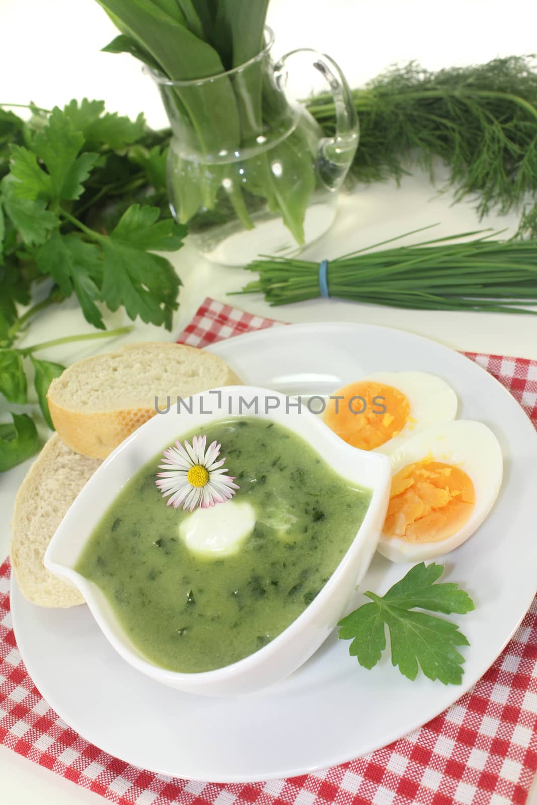 a green herb soup with eggs and cream Fraich