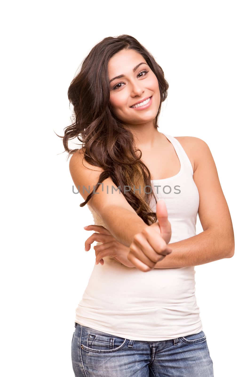 Young woman showing thumbs up by jolopes