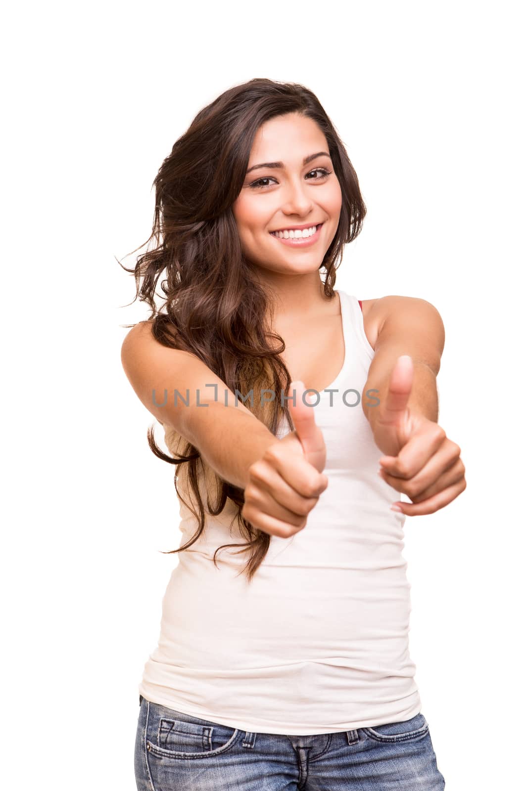 Beautiful young woman showing thumbs up