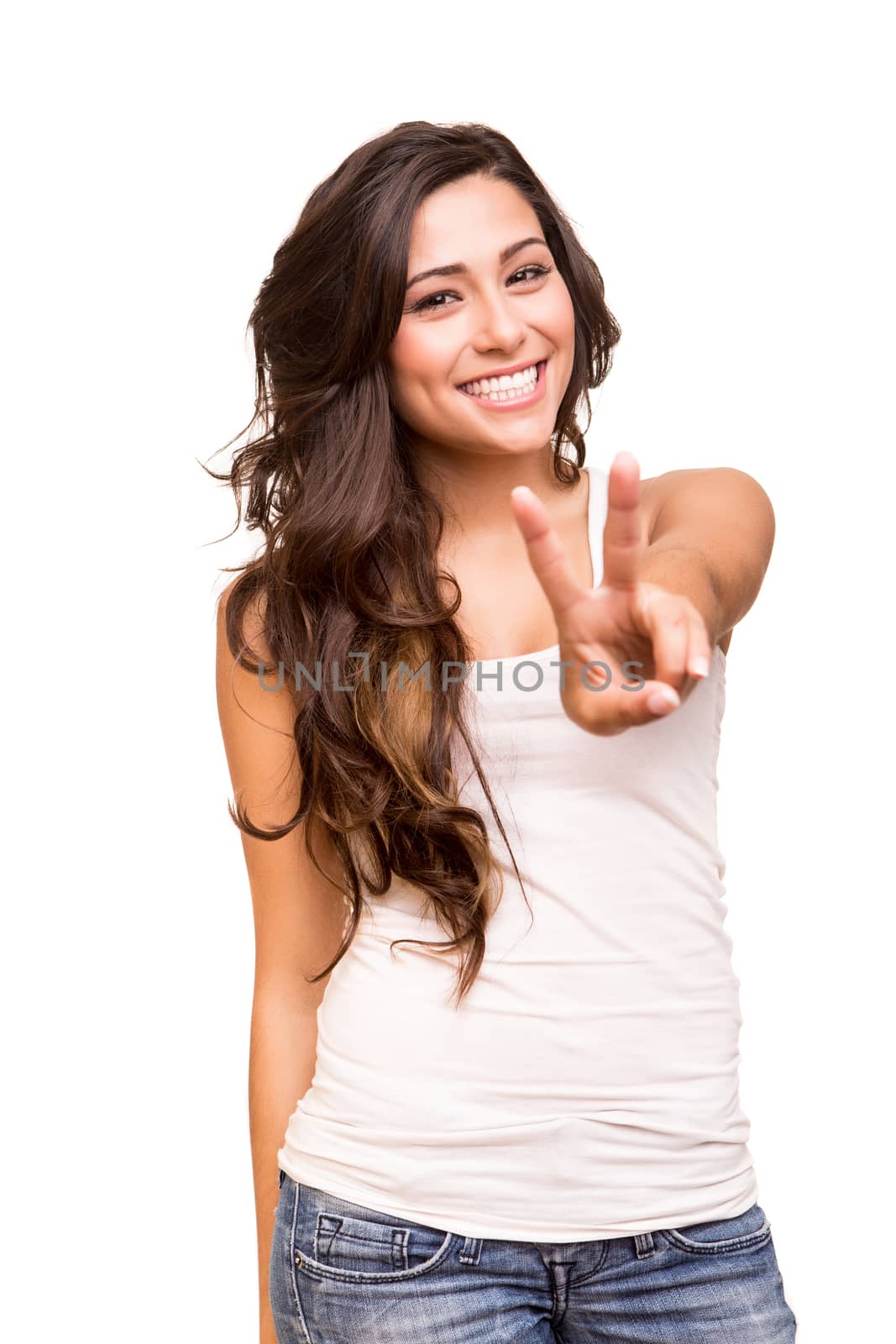 Young woman showing peace / victory sign by jolopes