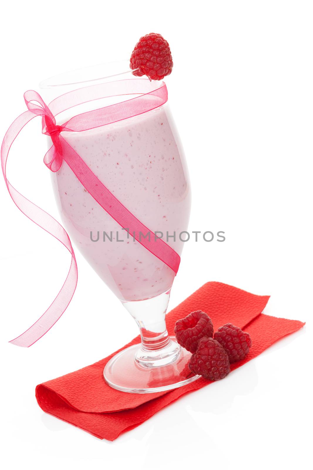 Delicious raspberry fruit shake with fresh raspberries isolated on white background. Fresh summer drinks.