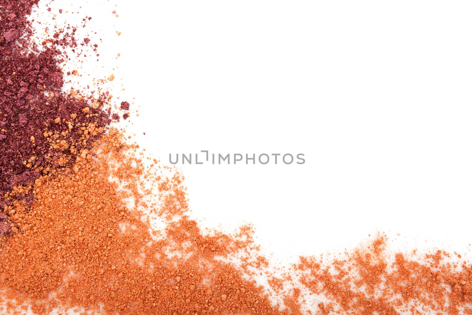 Luxurious makeup background with copy space. Crushed beige and brown makeup powder isolated on white background. 