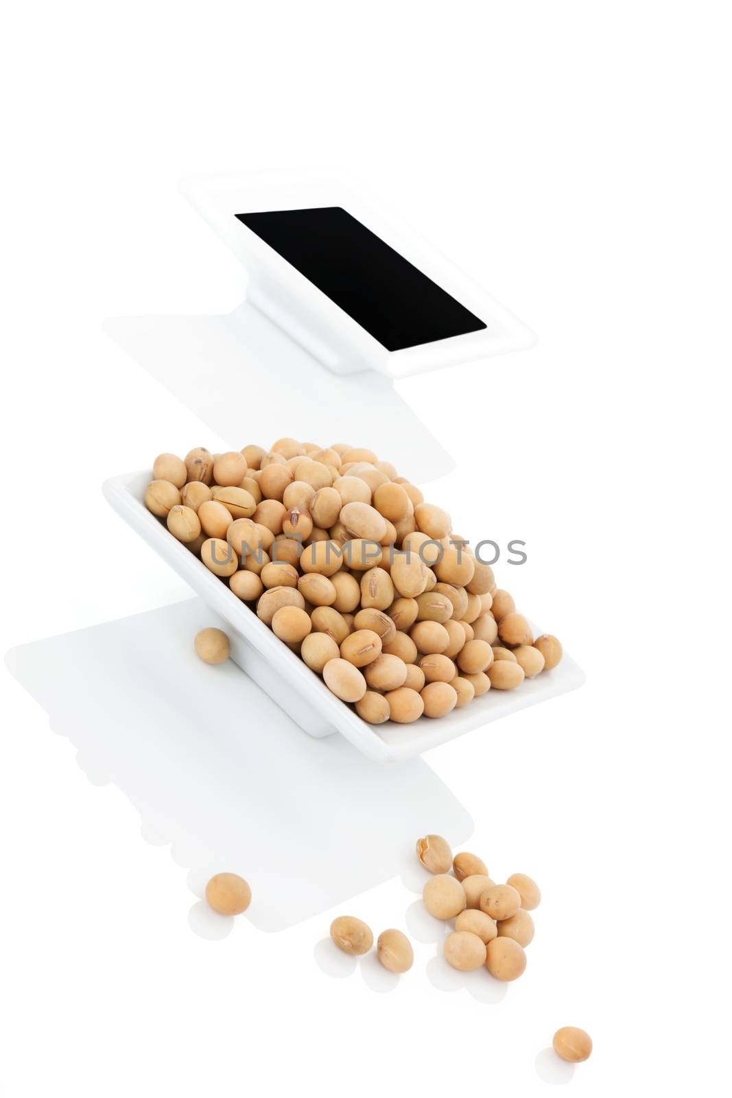 Soya sauce and soybeans in bowls isolated on white background. Culinary soya concept.