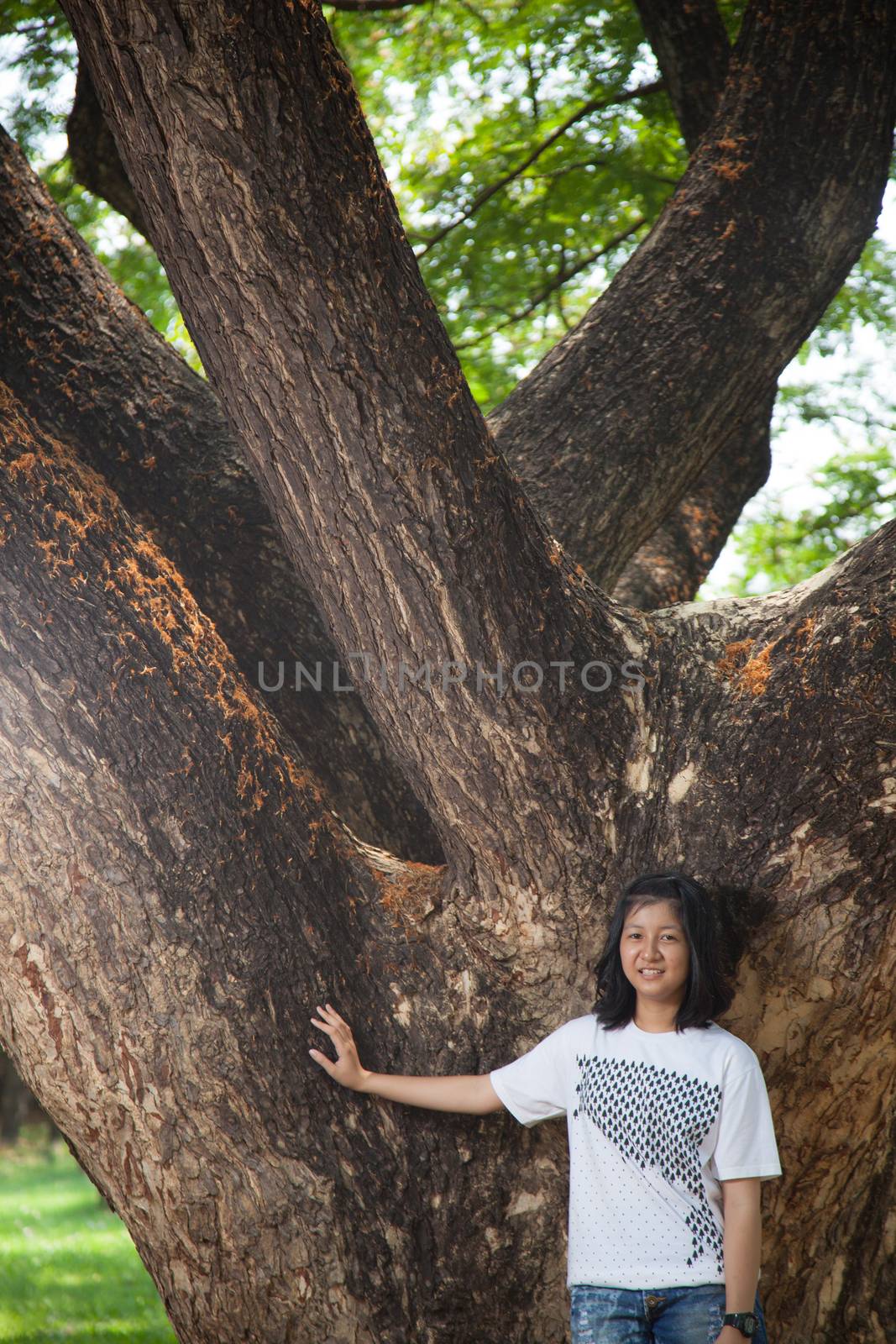 Young woman standing under a large tree. by a454