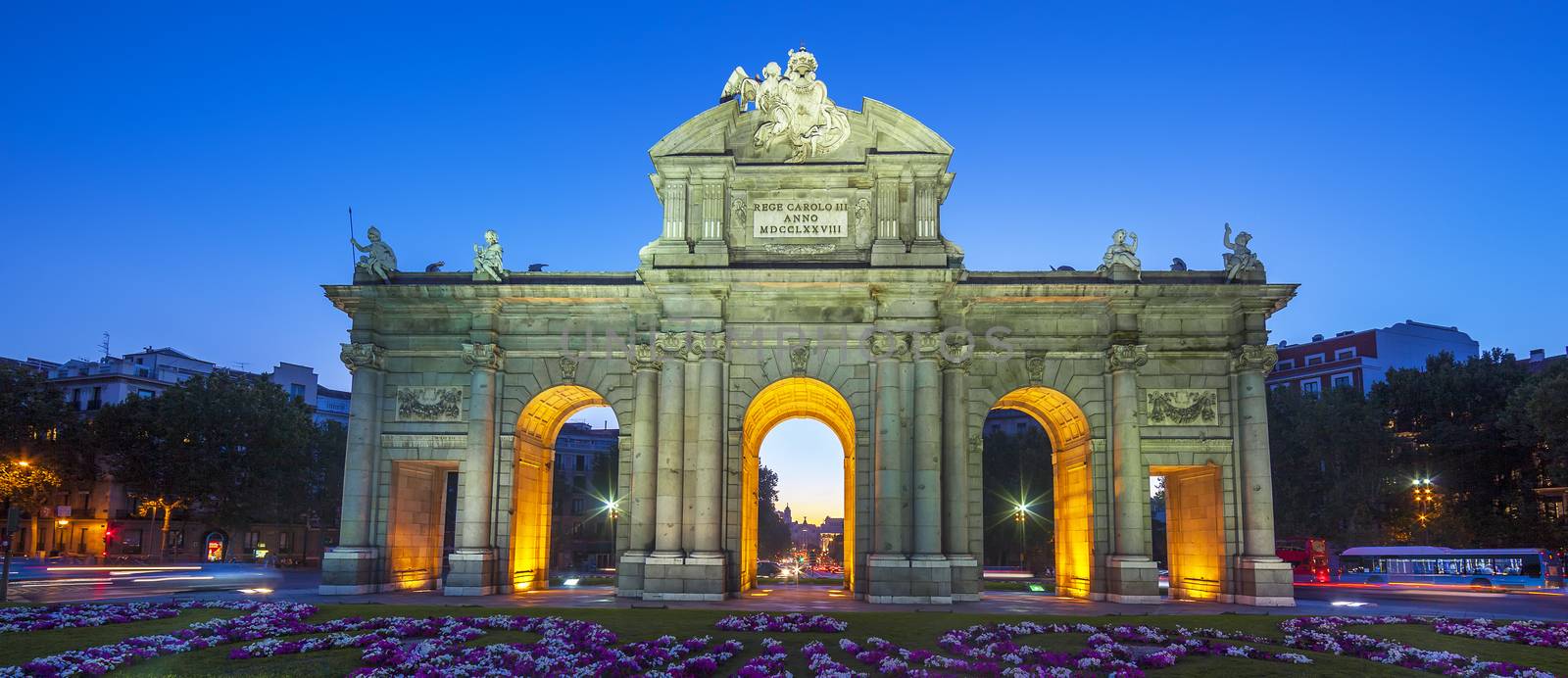 View of famous Puerta de Alcala at sunset, Madrid, Spain