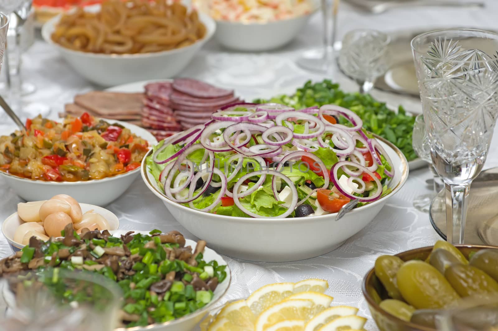 Greek salad close up on the festive table.