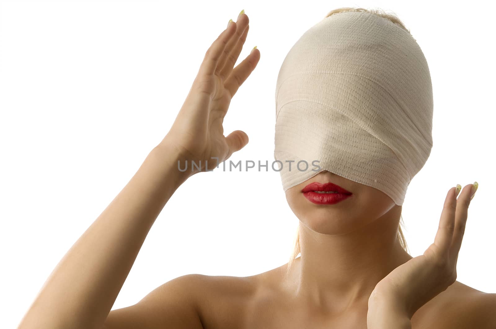 portrait of woman with bandage around face and red lips