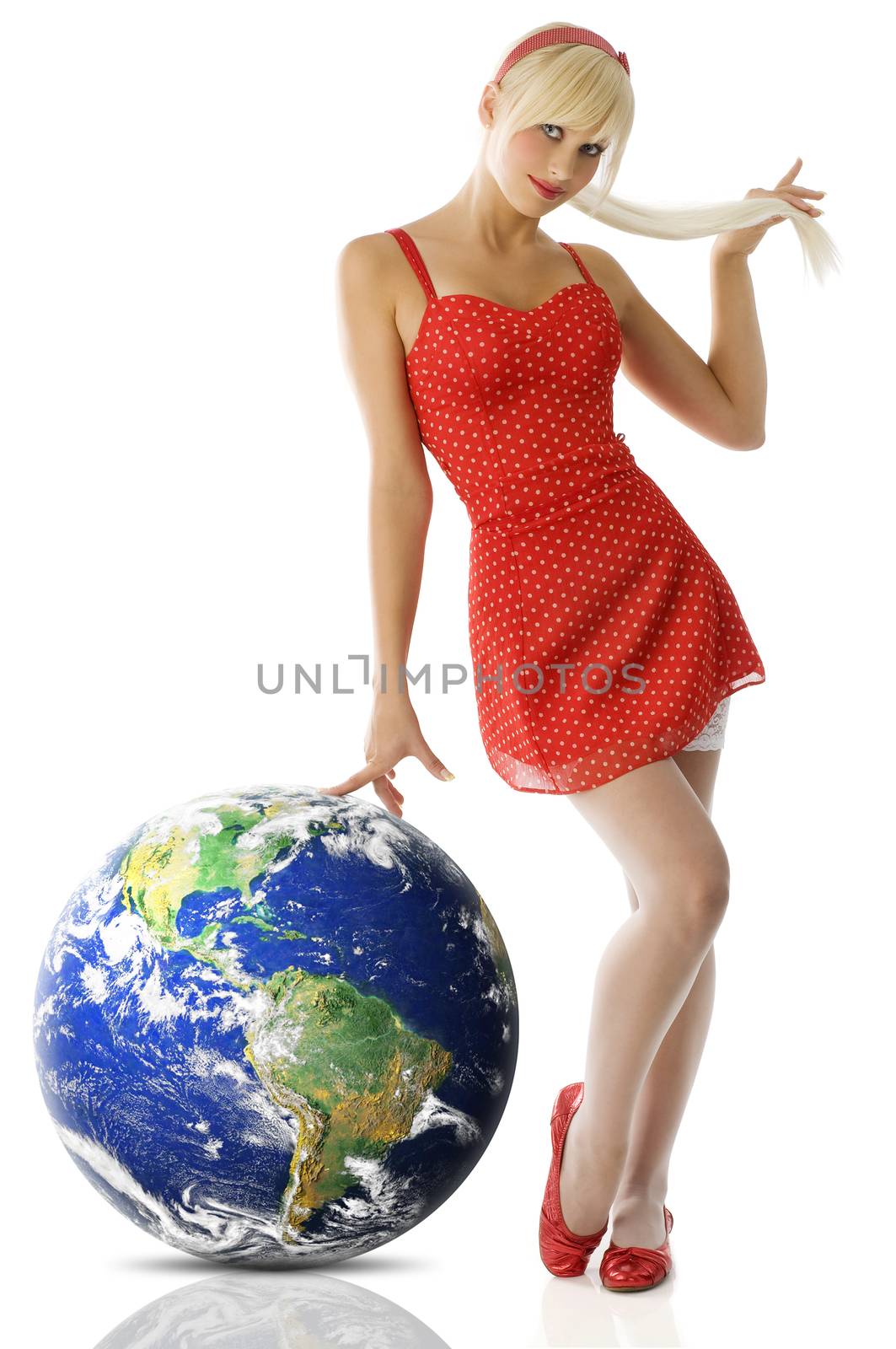 pretty blond pin up in red dress and white stockings taking pose