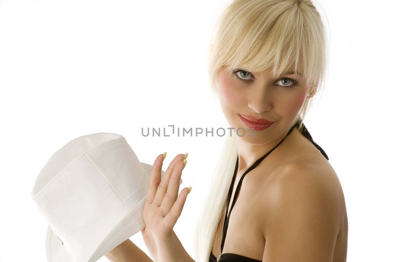 portrait of young beautiful blond with black top and white hat