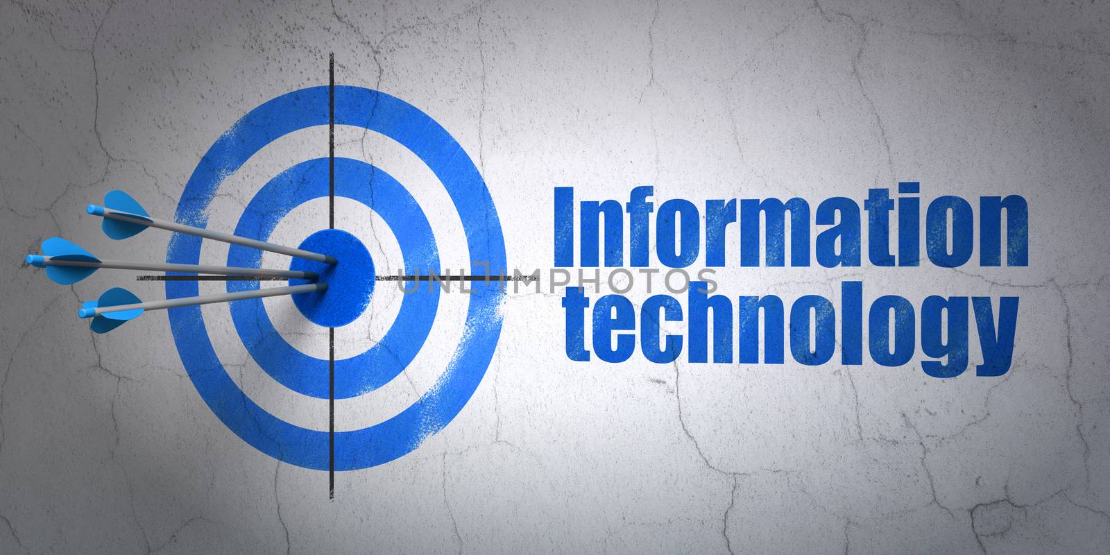 Success Information concept: arrows hitting the center of target, Blue Information Technology on wall background, 3d render