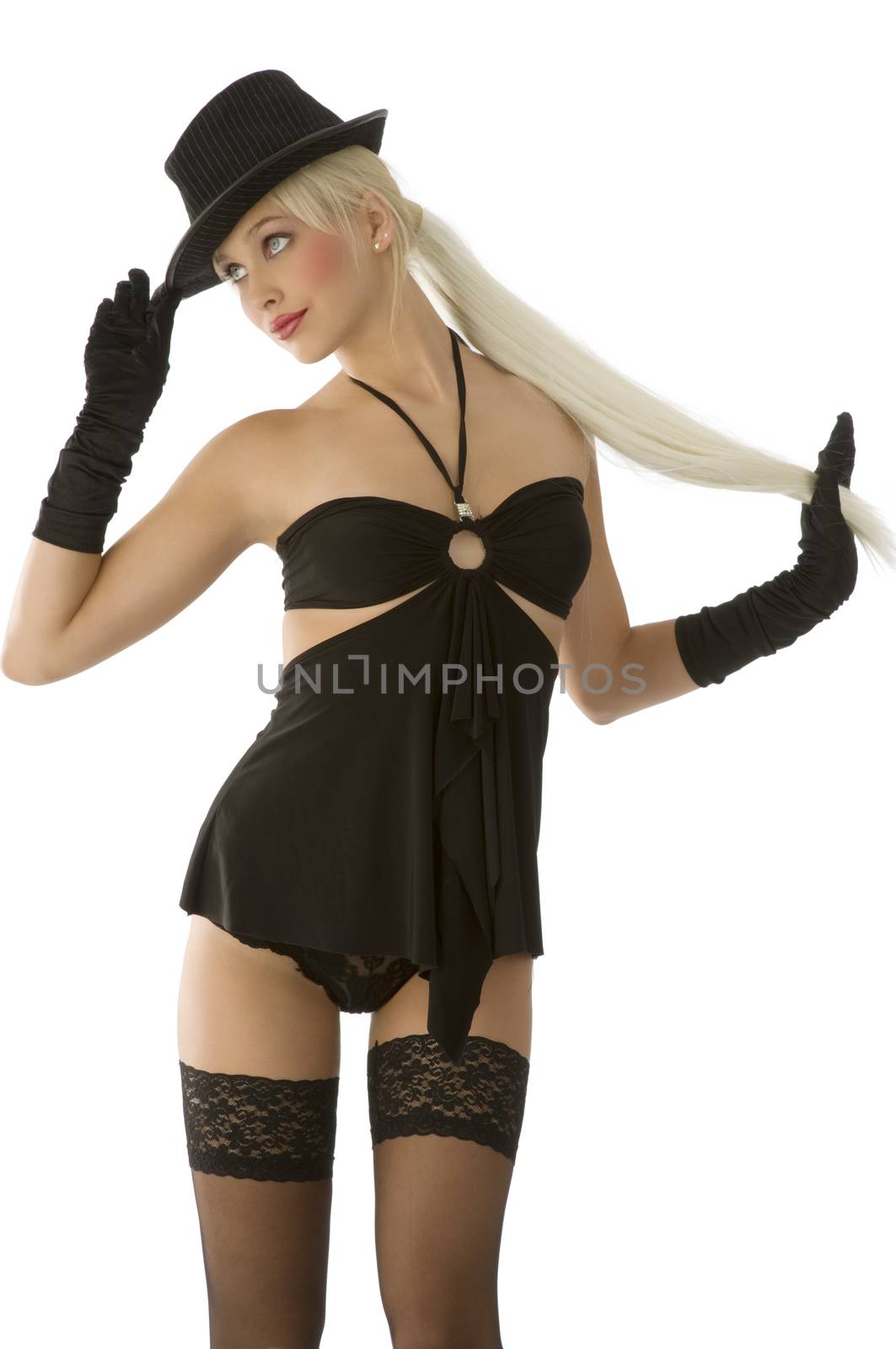 sensual blond girl with black hat gloves and stocking