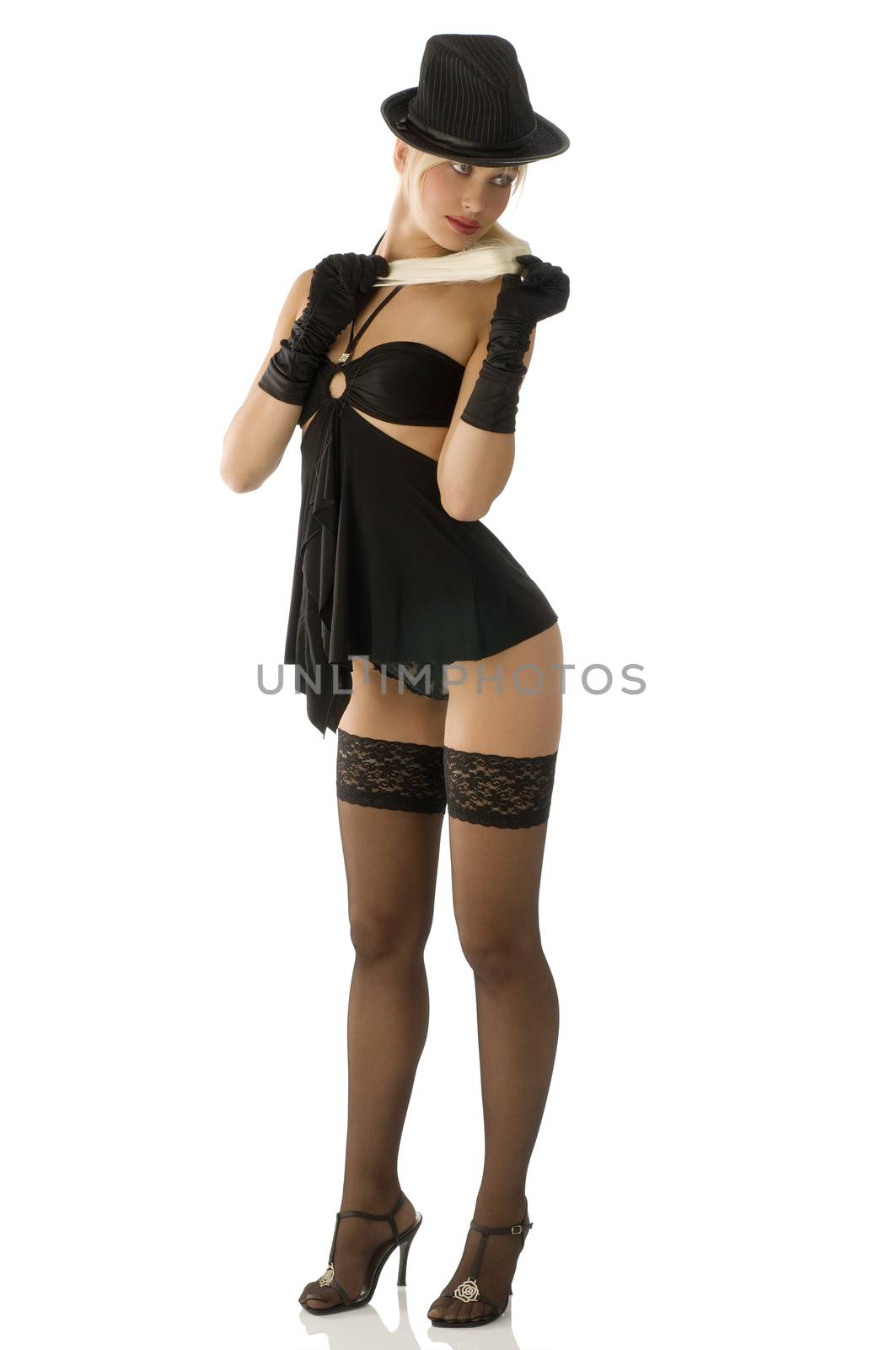 sexy pinup girl in black with hat stocking and shoes with heel