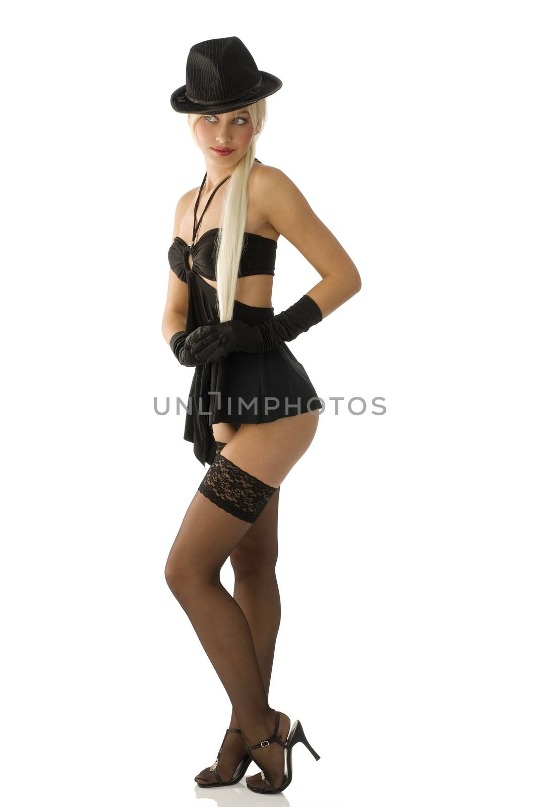 sexy pinup girl in black with hat and long blond hair