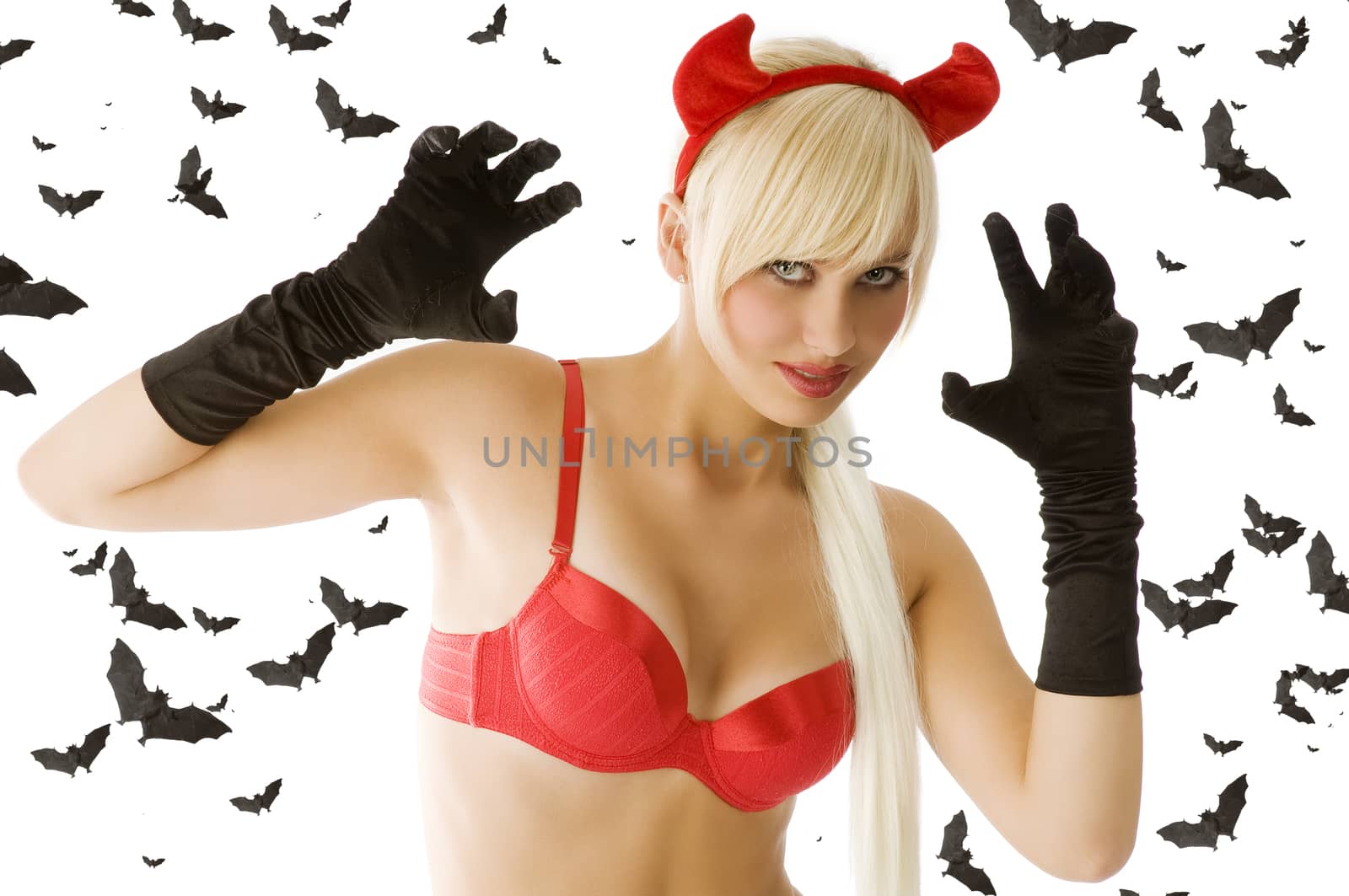 blond sexy girl in red top with red devil horns and black gloves