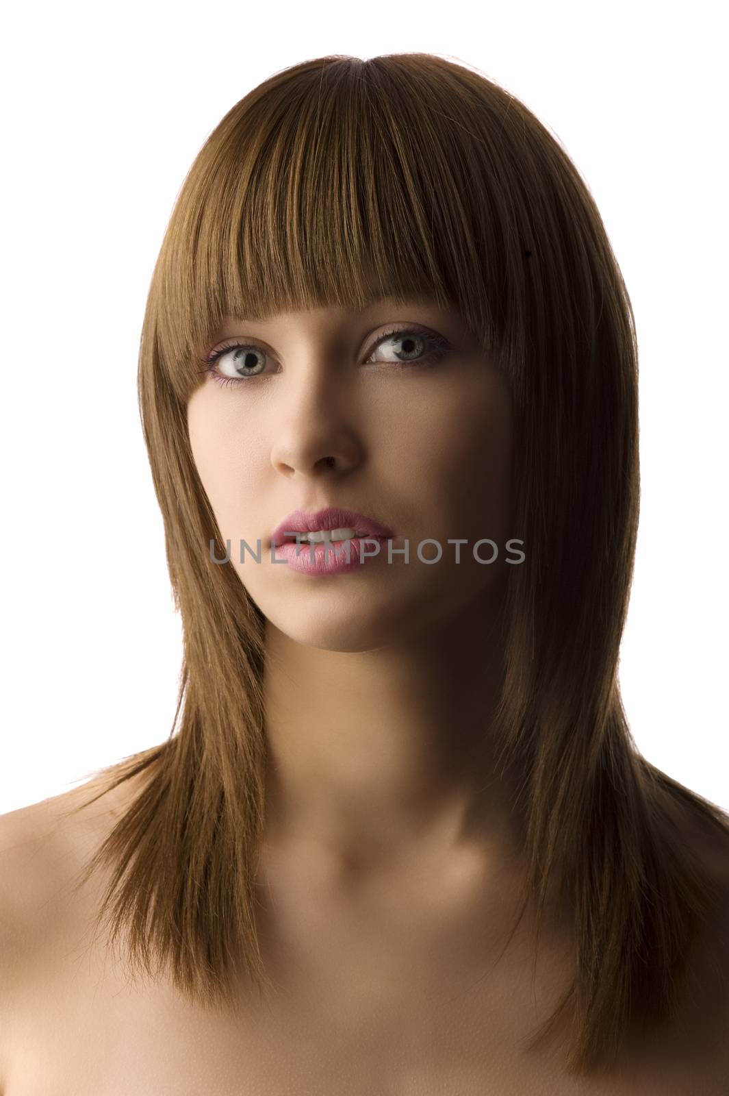 pretty youbg female teenager with well brushed hair on white and pink lips