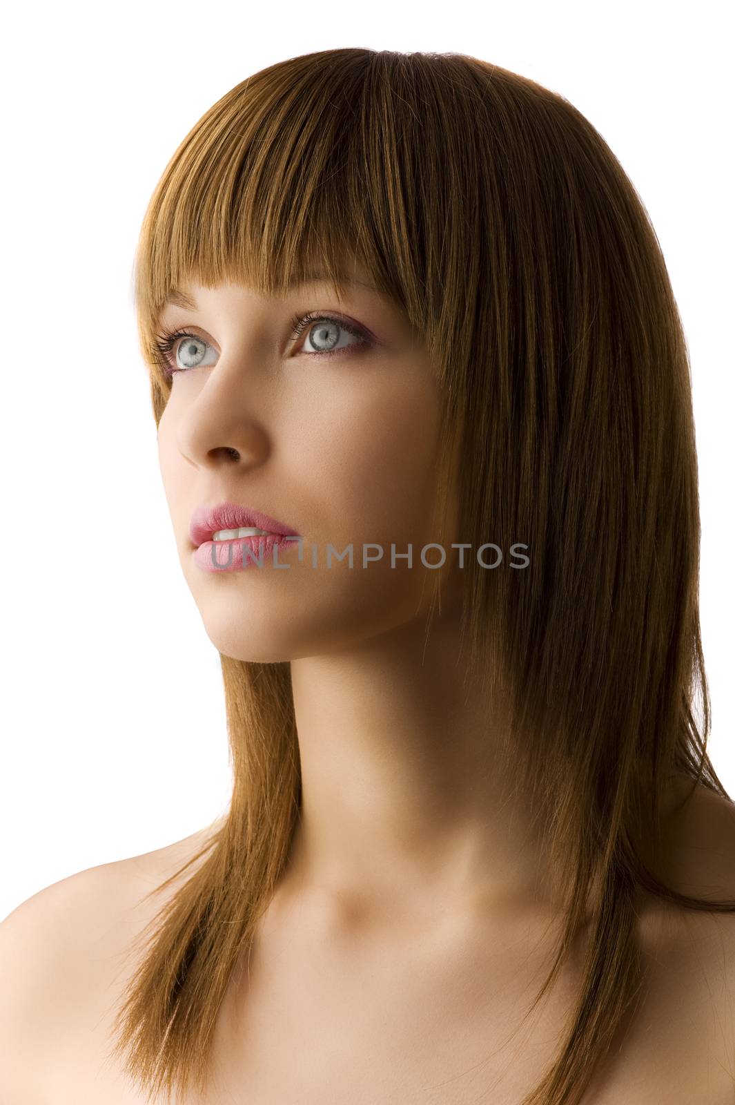 young beautiful female teenager with well brushed hair on white