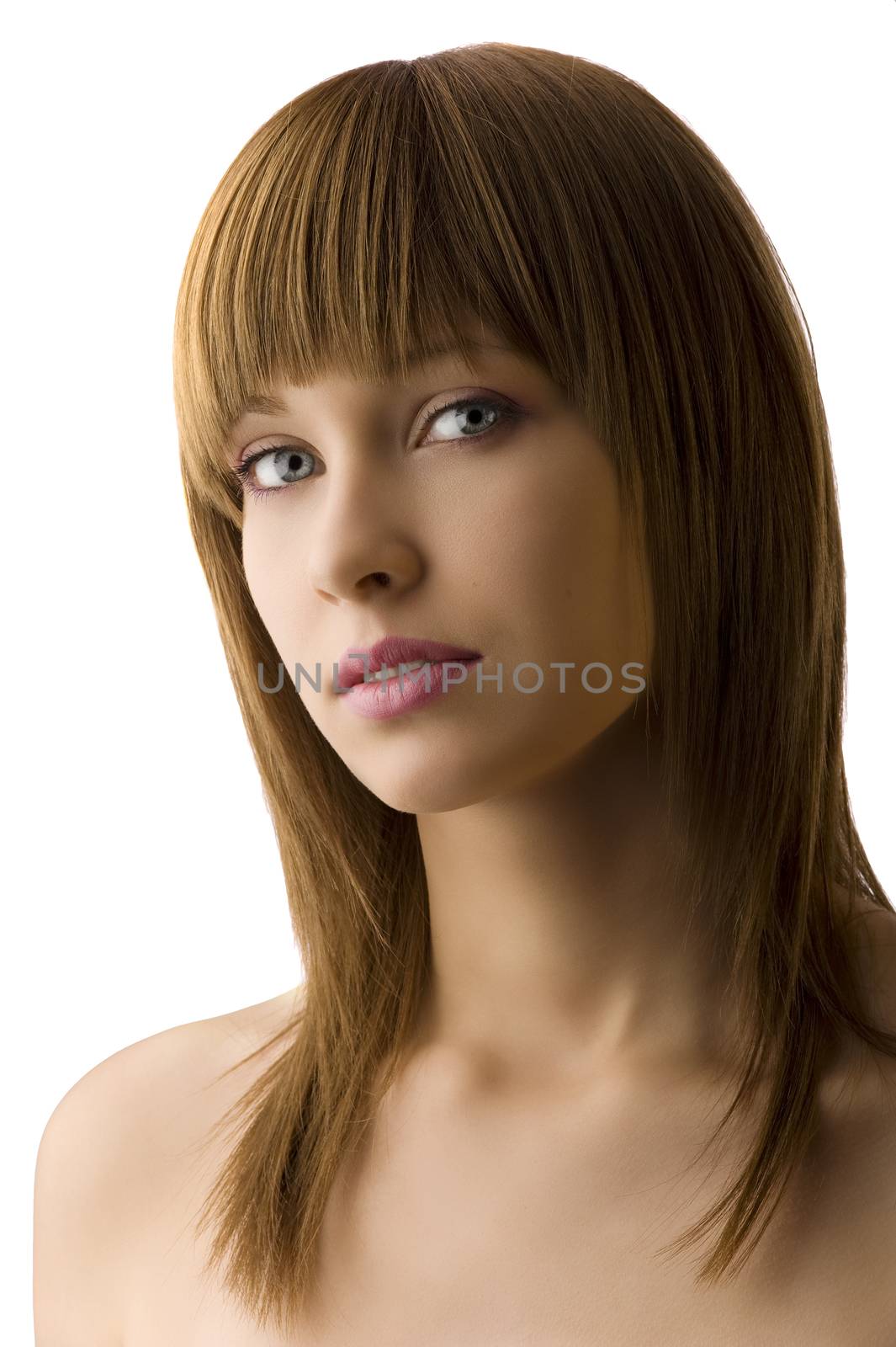 young beautiful female teenager with well brushed hair on white