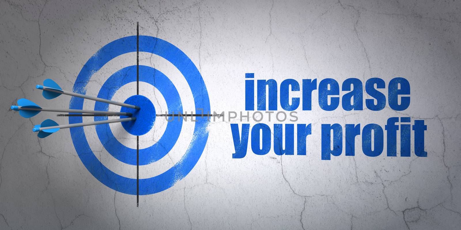 Success finance concept: arrows hitting the center of target, Blue Increase Your profit on wall background, 3d render