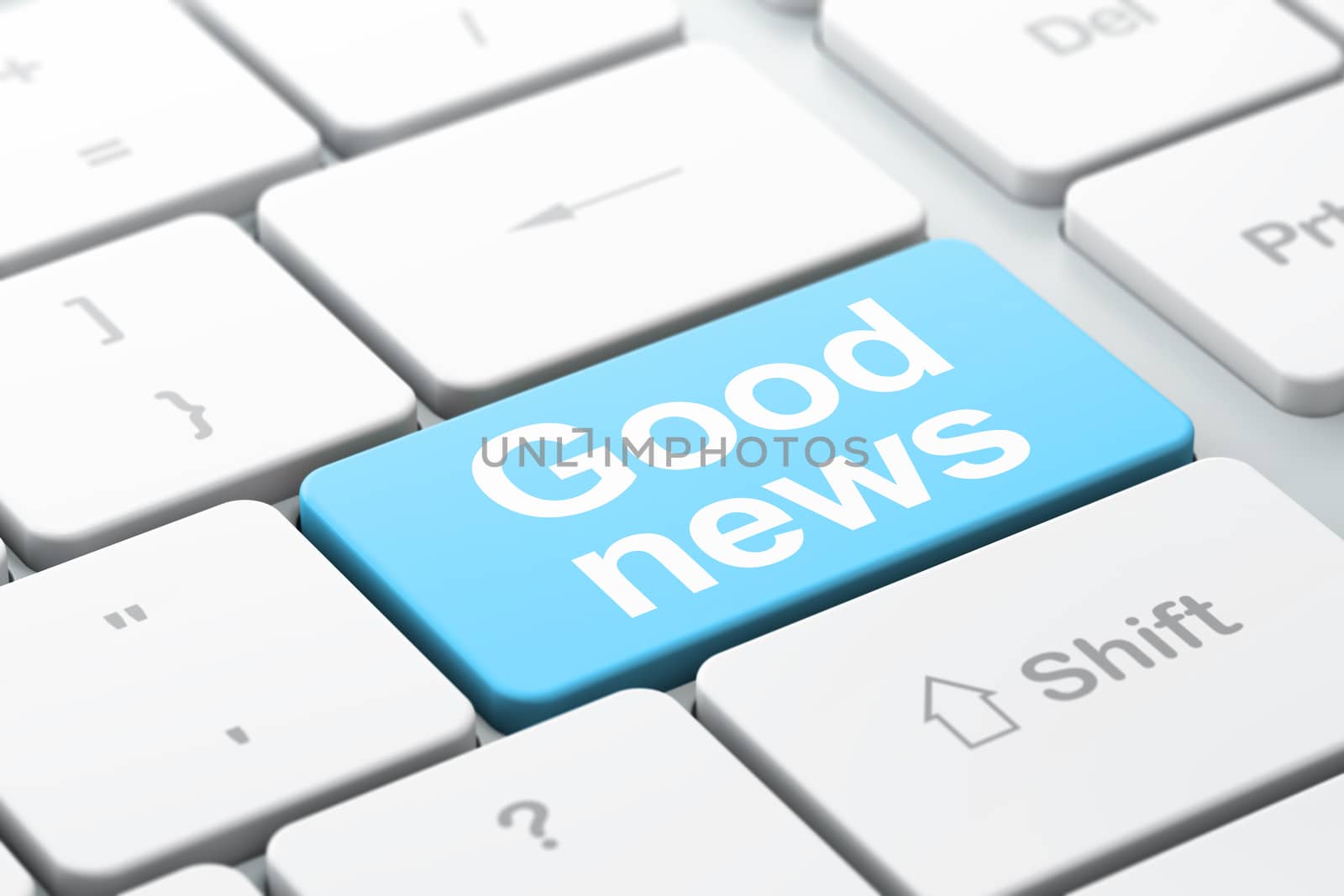 News concept: computer keyboard with word Good News, selected focus on enter button background, 3d render