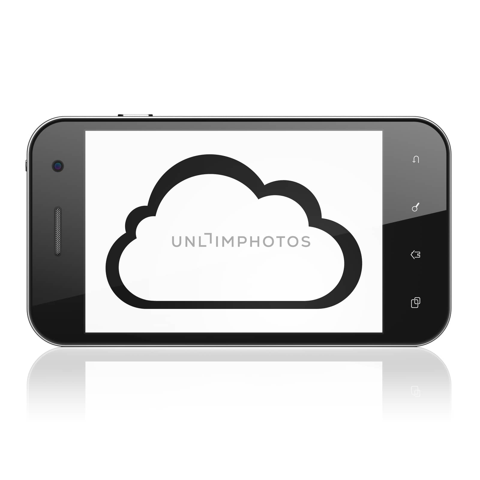 Cloud computing concept: smartphone with Cloud icon on display. Mobile smart phone on White background, cell phone 3d render