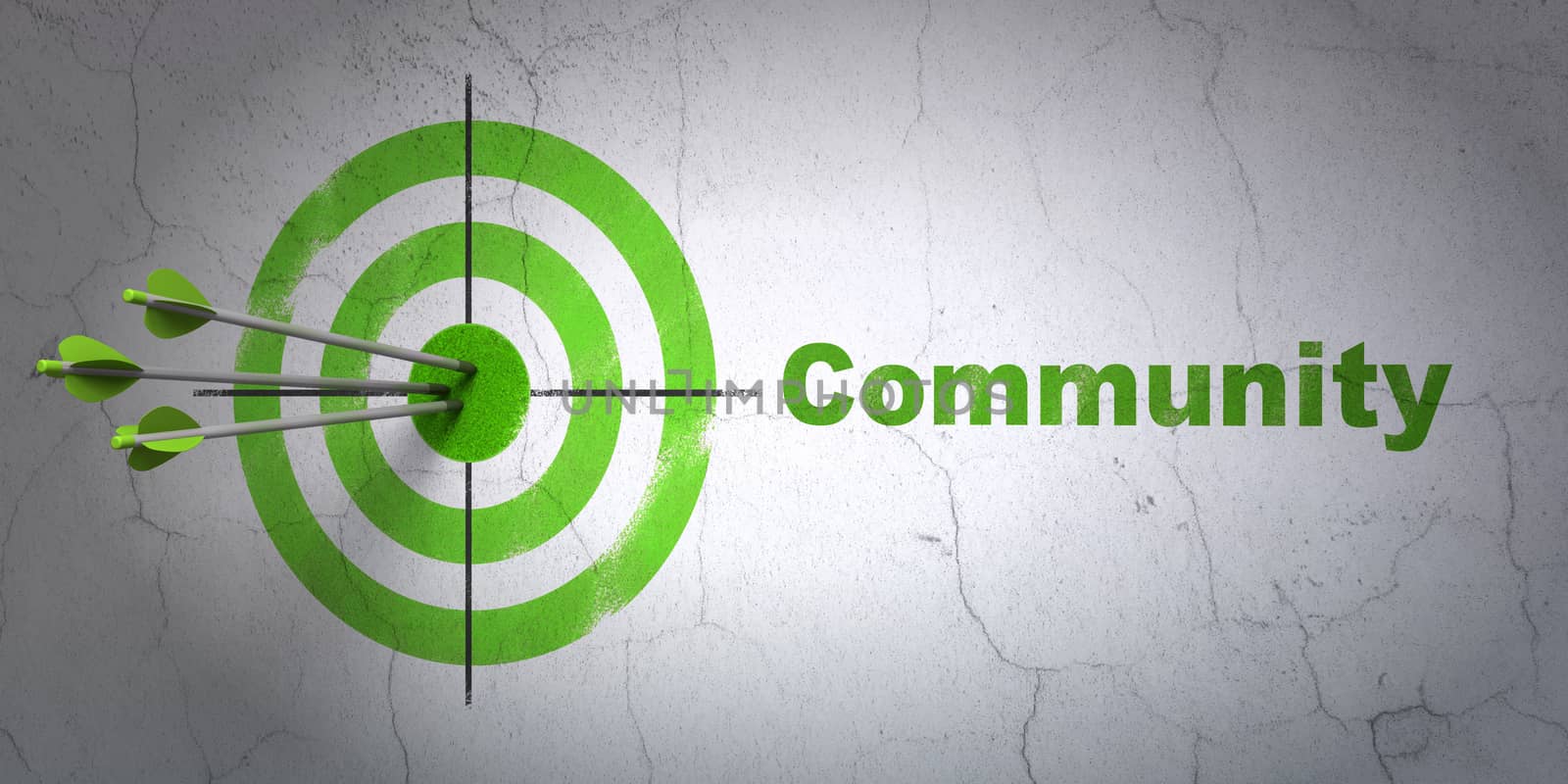 Success social media concept: arrows hitting the center of target, Green Community on wall background, 3d render