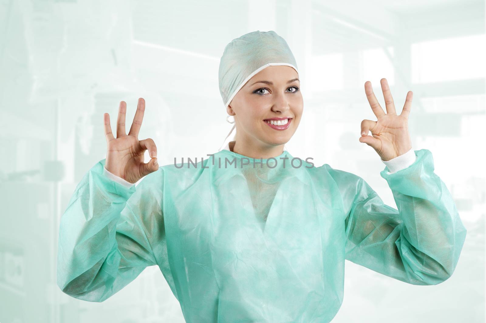 positive smiling woman with nurse dress acting and doing sign with hand