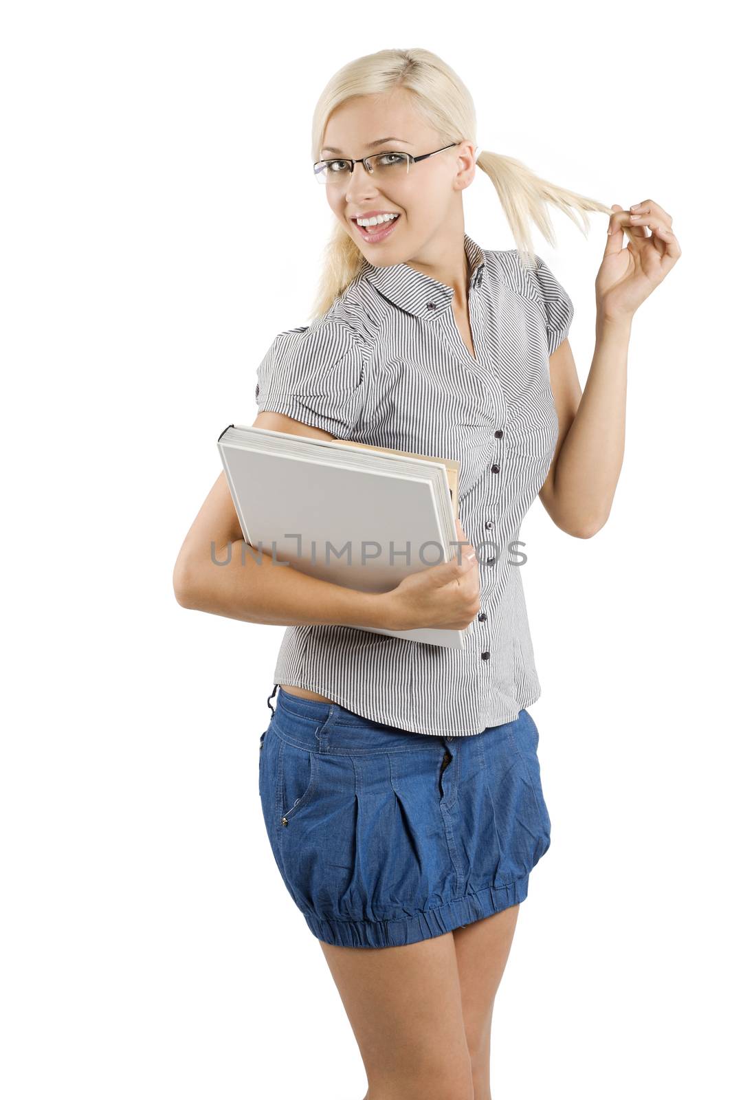 cute young blond student with book and glasses taking pose