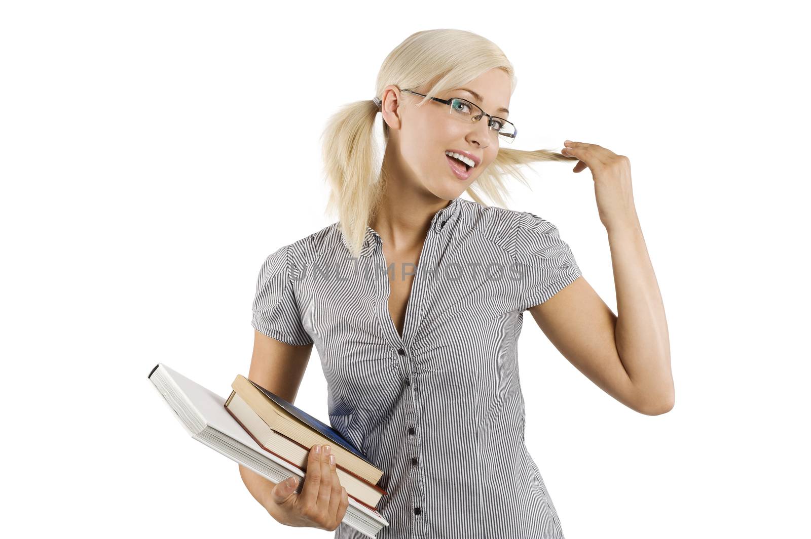 smiling blond student girl with glasses and book