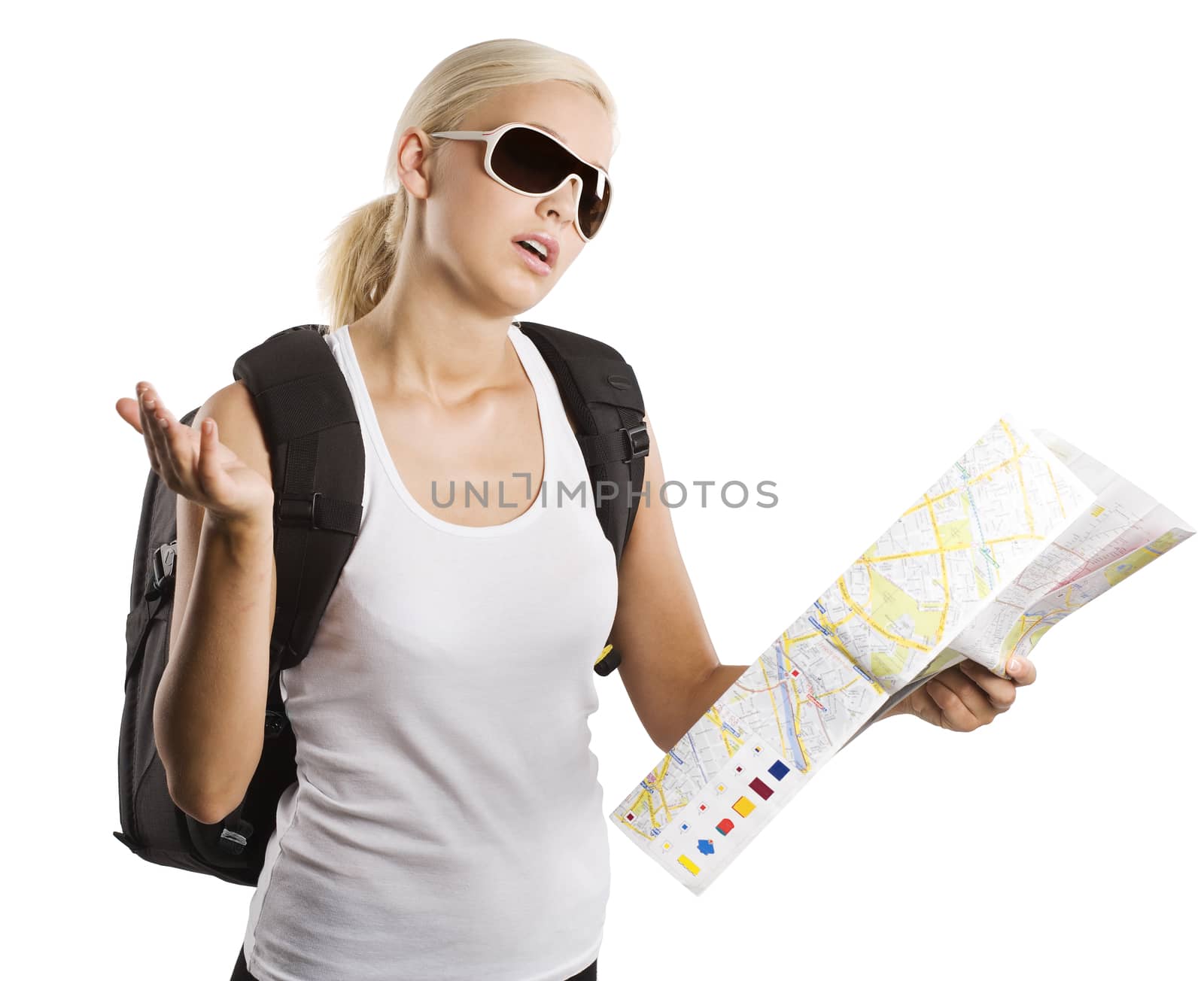 cute blond woman looking at a map and chatting by herself . isolated on white