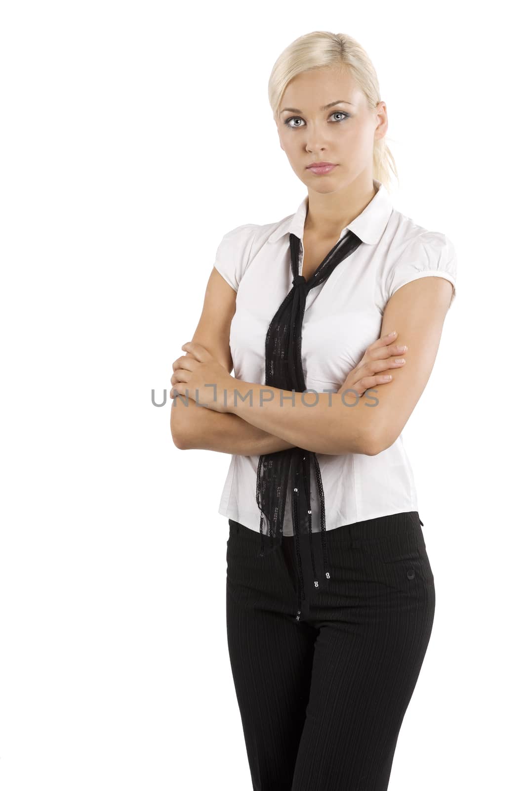 blond young and cute woman in formal dress like a secretary with white shirt and tie