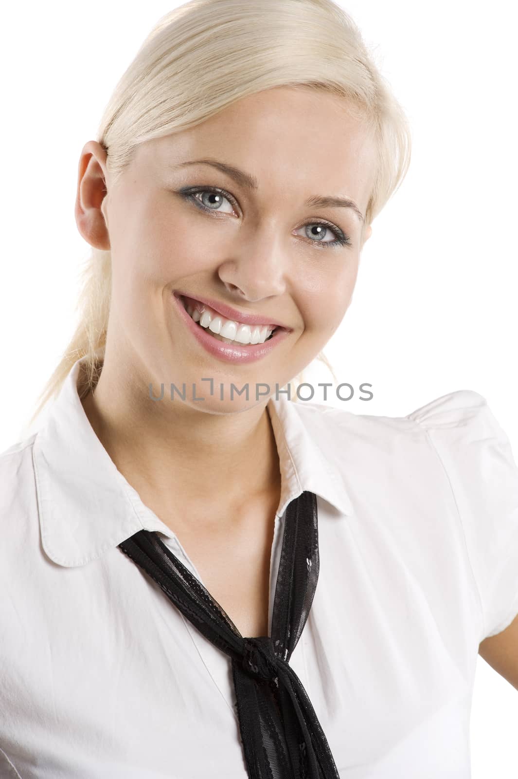 smiling blond young and cute woman in formal dress like a secretary with white shirt and tie