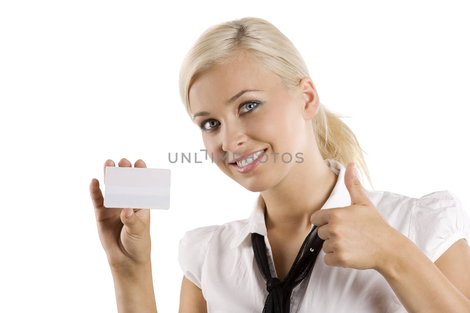 young nice woman showing a white card smiling and saying ok with and