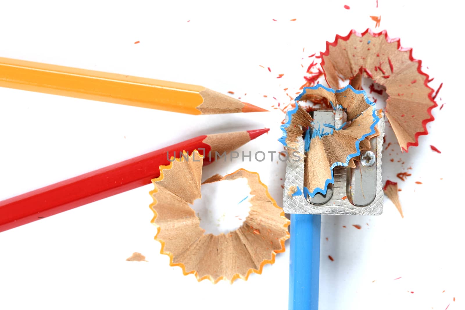 Close-up of pencils and sharpener.