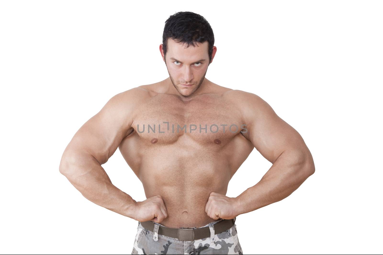 Extreme fitness. Young caucasian topless bodybuilder posing isolated on white background. Sport, health and fitness.