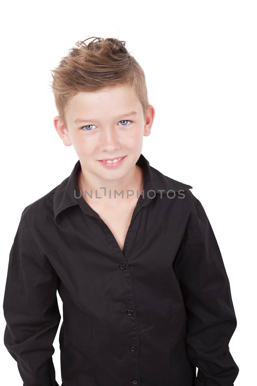 Charming boy smiling isolated on white background.