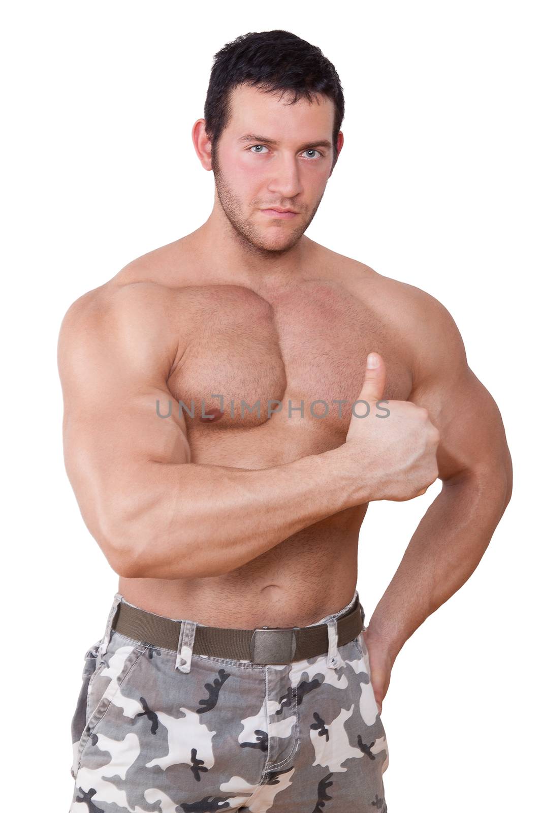 Sexy shirtless muscular man showing thumbs up isolated on white background. Sport and fitness concept.
