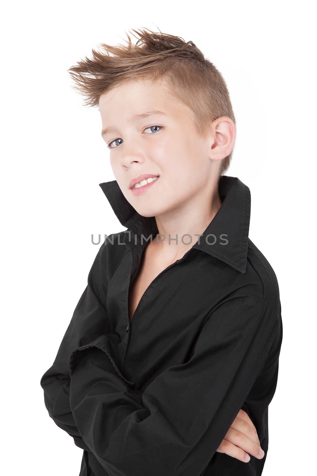 Young charming adorable boy with macho pose isolated on white background. 