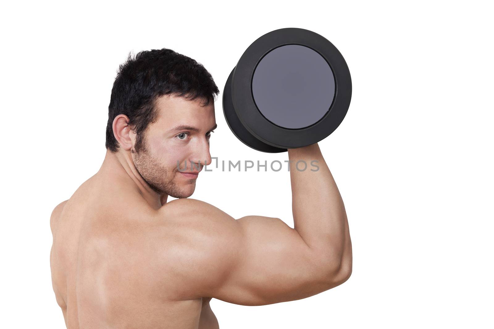 Attractive shirtless bodybuilder lifting dumbbell isolated on white background. Muscle and bodybuilding concept.