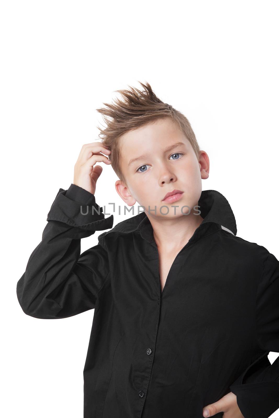 Cute boy touching his head and thinking isolated on white background.