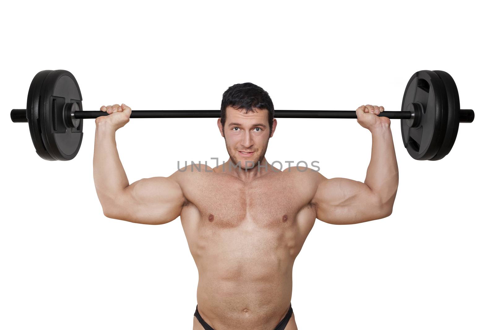 Sexy muscular shirtless man lifting barbell isolated on white background. Fitness and Health Conceptual.