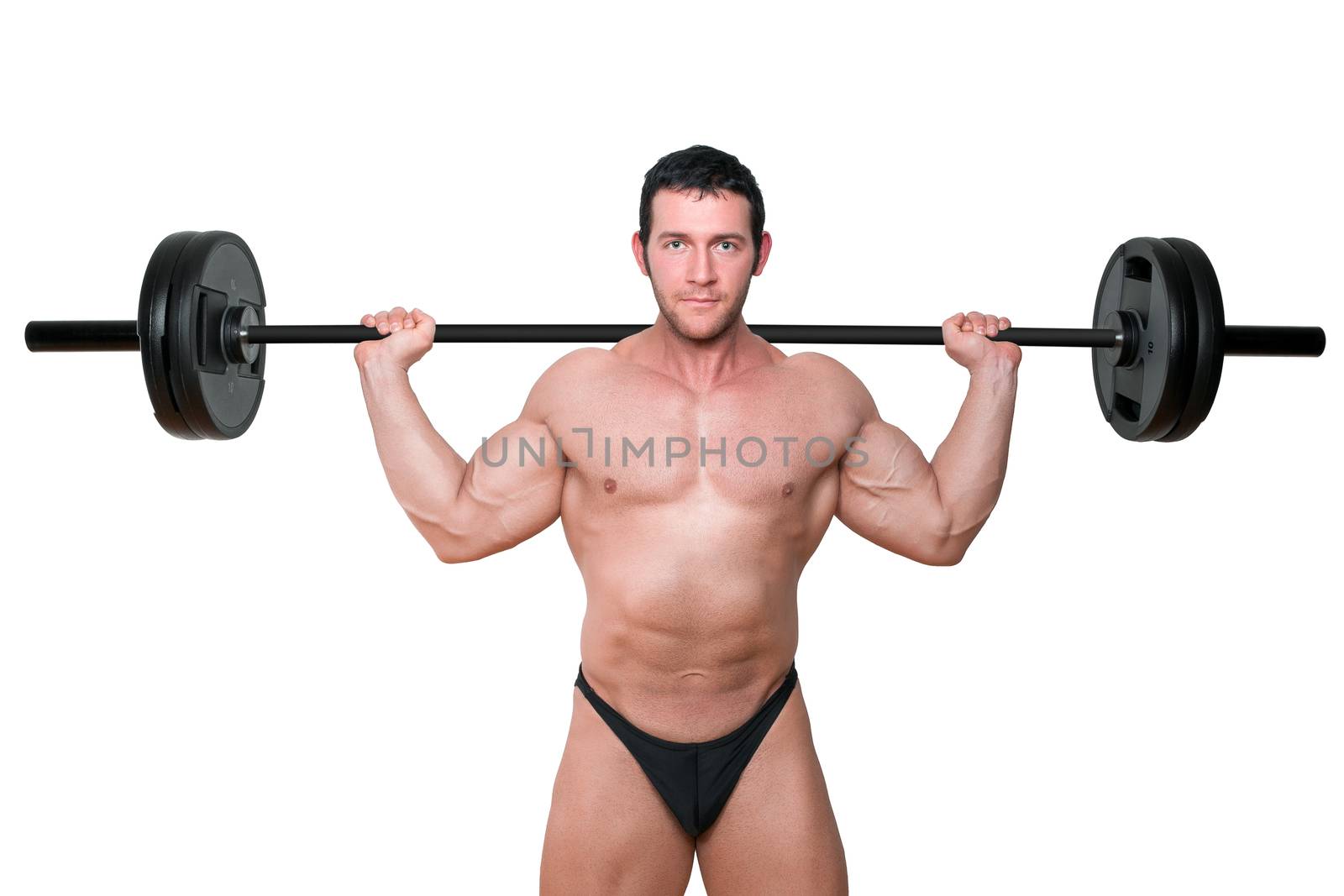 Shirtless bodybuilder lifting barbell isolated on white background. Fitness and sports.