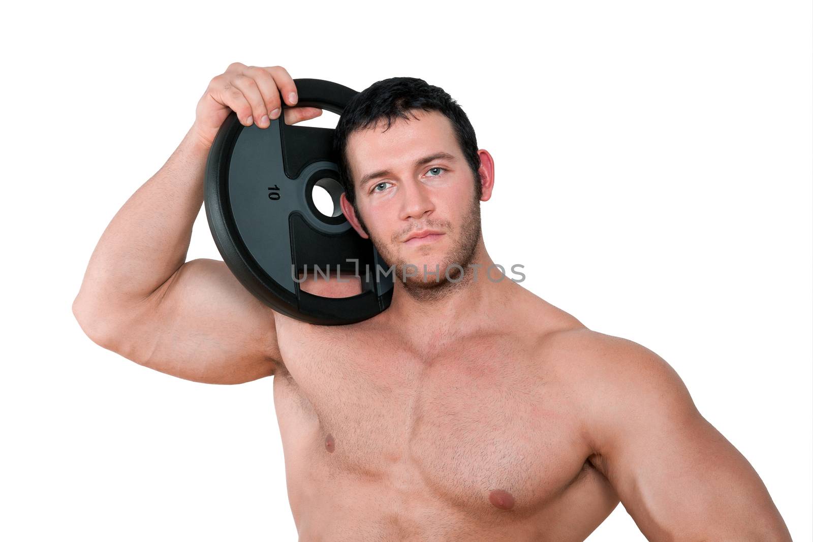 Sexy muscular shirtless bodybuilder holding round weight on his shoulder isolated on white background. Sport and Fitness concept.