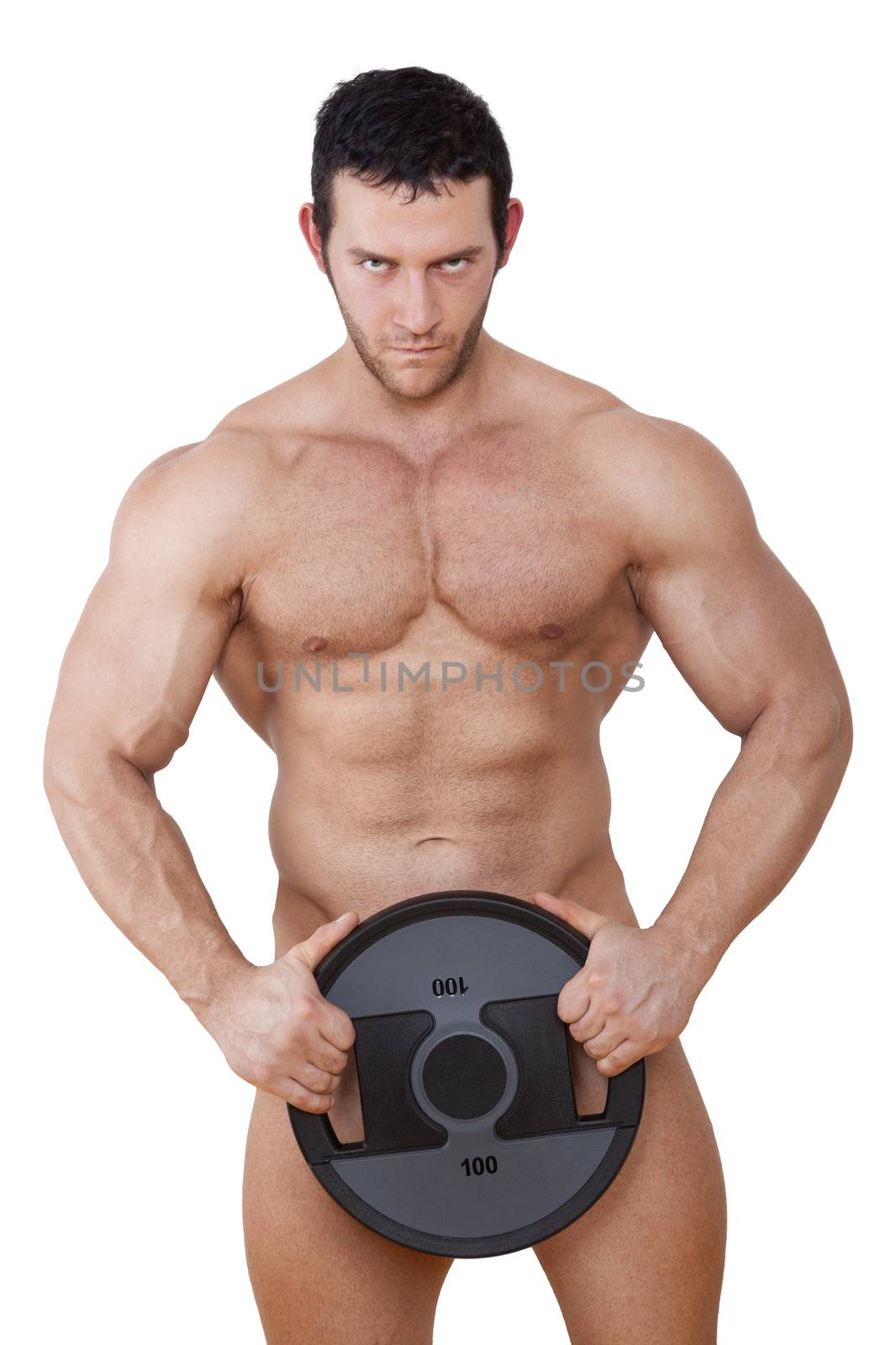 Sexy naked muscular model holding weight isolated on white background with clipping path. Sport and Fitness Background.