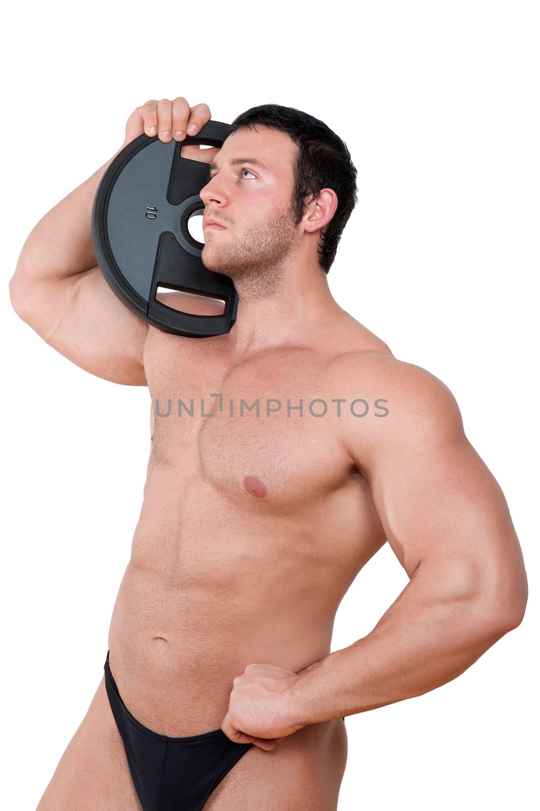 Sexy shirtless bodybuilder holding weight isolated on white background. Sport and health concept.