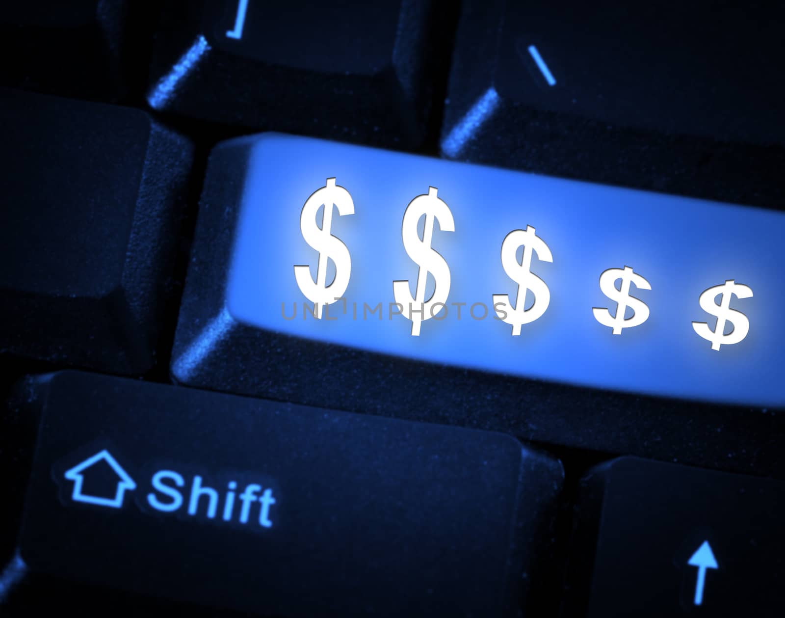 Close-up picture of a computer keyboard - blue key $$$